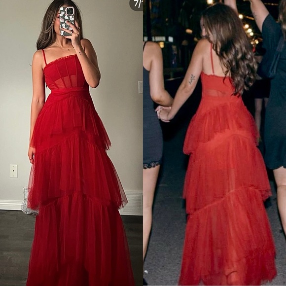 Betsy & Adam - red ruffle tiered layered formal maxi mesh organza gown